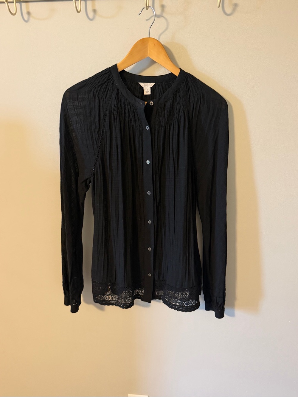 Point Sur by J. Crew Black Windowpane Cotton Voile Peasant Blouse Small